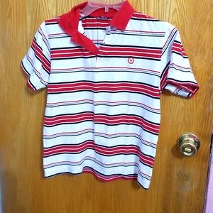 Xl boys  collared shirt white with red and black stripes.